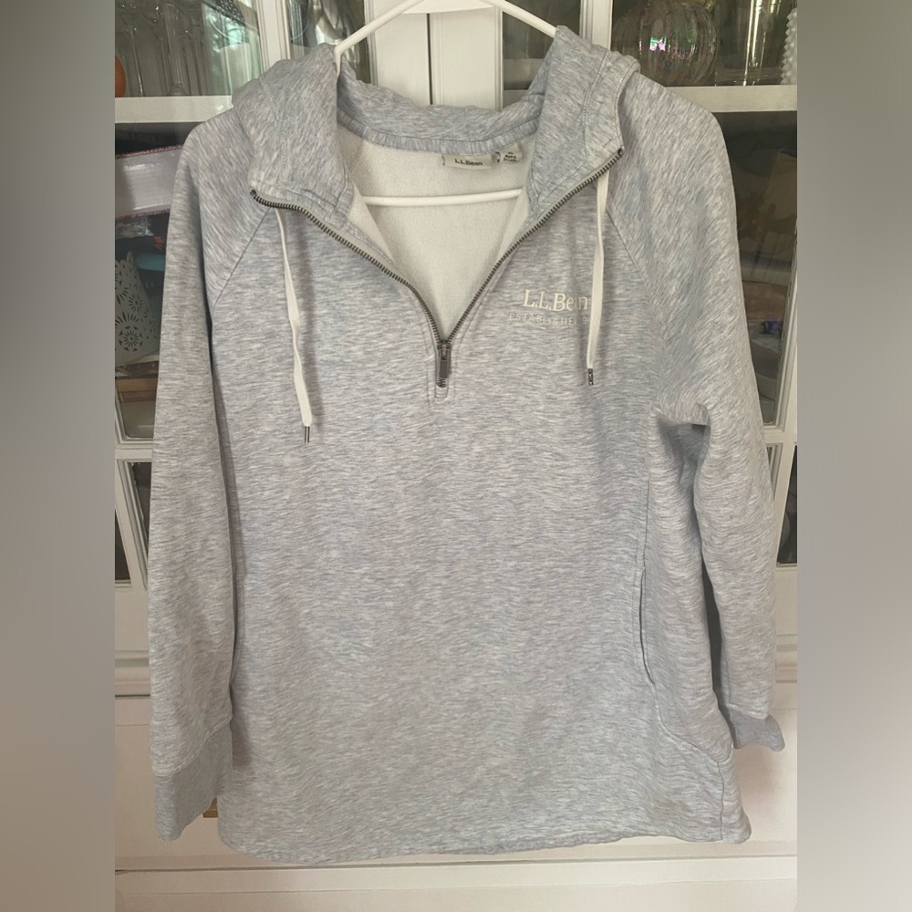 Size Large, heathered gray, 3/4 zip, hooded tunic/sweatshirt, by “LL Bean.”
